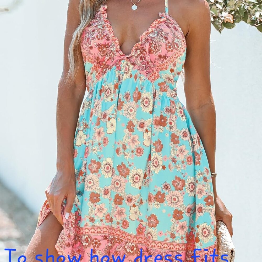 NWT CUPSHE Halter Mini Dress Red Blue White Green Floral Design Size Large